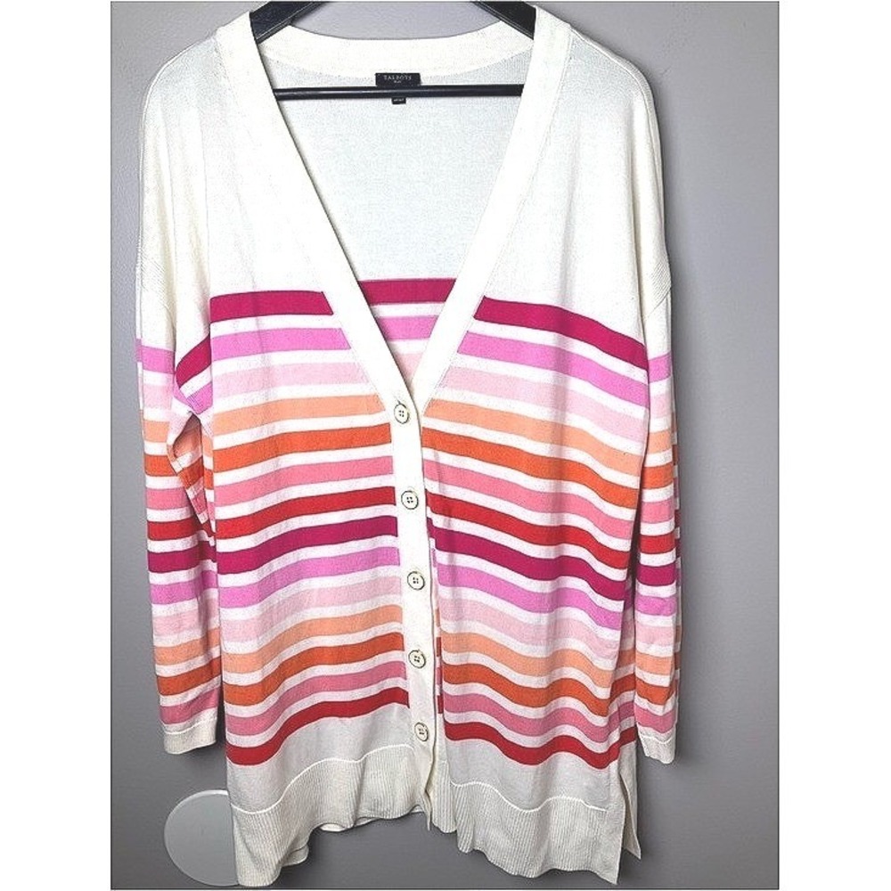 Talbots Plus 1X Striped Long Cardigan Sweater Pink Orange Cotten Blend